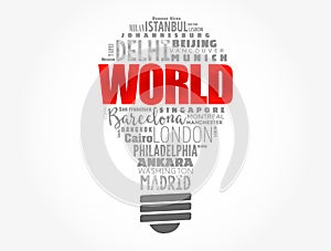 WORLD light bulb word cloud concept made with words cities names, business concept background