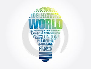 WORLD light bulb word cloud concept made with words cities names, business concept background