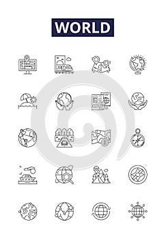 World line vector icons and signs. Earth, Universe, Worldly, International, Far-reaching, All-encompassing, Cosmopolitan