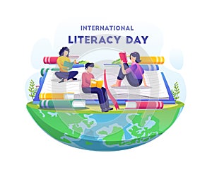 World Literacy Day. People celebrate Literacy Day by reading books vector illustration