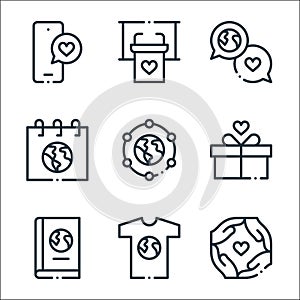 World love line icons. linear set. quality vector line set such as together, t shirt, book, gift, connection, mother earth day,