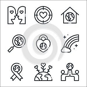 world love line icons. linear set. quality vector line set such as world, earth, ribbon, rainbow, protection, searching, house,