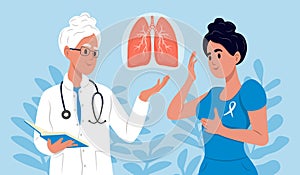 World Lung Cancer Day. Lung cancer symptoms, diagnosis and treatment. A family doctor is talking to a patient about lung