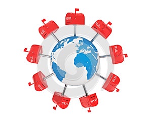 World Mail Concept. Mail Boxes over Earth Globe