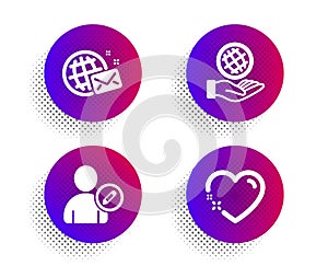 World mail, Safe planet and Edit user icons set. Heart sign. Chat, Ecology, Profile data. Love. People set. Vector