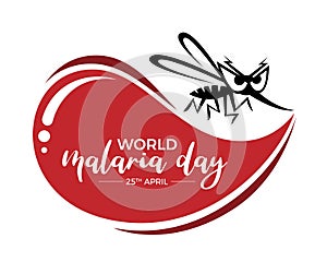 World malaria day banner with black mosquito cartoon sign and big red drop blood vector design photo