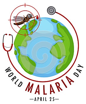 World Malaria Day logo or banner with mosquito and stethoscope on the earth