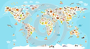 World mammal map. Beautiful cheerful colorful vector illustration for children and kids.