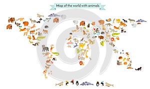 World mammal map silhouettes. Animals world map. Isolated on white background vector illustration