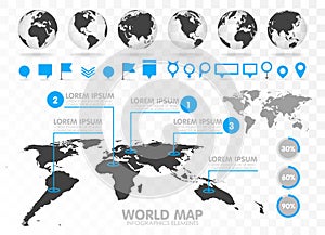 World map and 3D globe set with infographics elements.