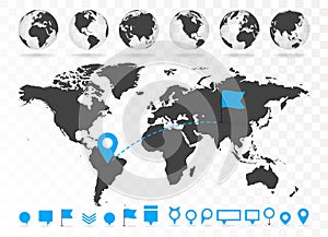 World map and 3D globe set with infographics elements.