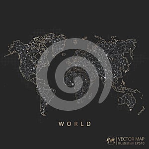 World map abstract geometric mesh polygonal light concept with black and white glowing contour lines countries and dots