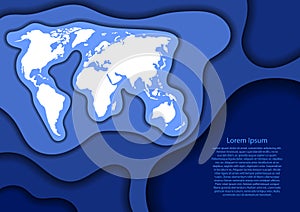World map abstract schematic from blue layers paper cut 3D waves and shadows one over the other. Layout for banner, poster,