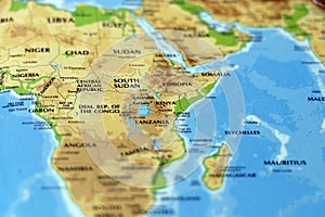 world map of african continent, sudan,chad,niger,kenya,cameroon, ethiopia countries in sharp focus