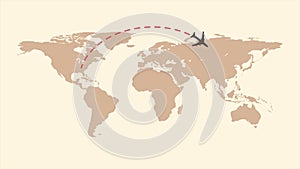 World map of airline airplane flight path. Travel around the world plane route