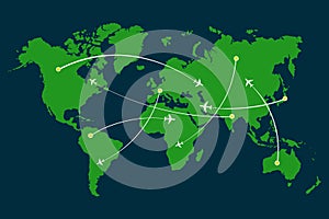 World map of airline airplane flight path travel plans.