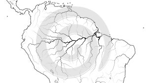 World Map of AMAZON SELVA REGION in SOUTH AMERICA: Amazon River, Brazil, Venezuela. Geographic chart.