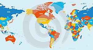 World map - America centered. 4 bright color scheme. High detailed political map of World with country, ocean and sea