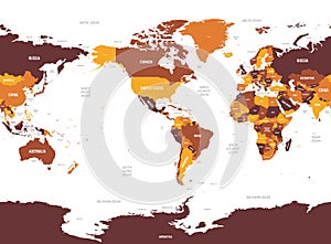 World map - America centered. Brown orange hue colored on dark background. High detailed political map of World with