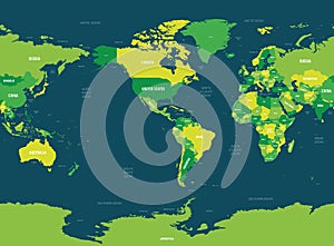 World map - America centered. Green hue colored on dark background. High detailed political map of World with country