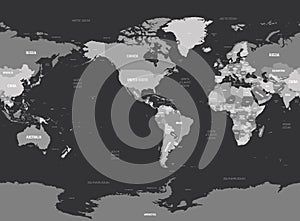 World map - America centered. Grey colored on dark background. High detailed political map of World with country