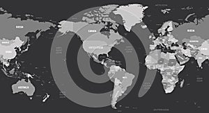 World map - America centered. Grey colored on dark background. High detailed political map of World with country