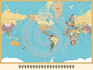 World Map America Centered and map pointers. Retro color photo