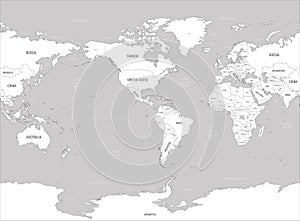 World map - America centered. White lands and grey water. High detailed political map of World with country, capital