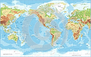 World Map - American View - Physical Topographic - Vector Detailed Illustration - America in Center