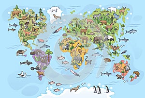 World map with animals as all continents natural habitat outline concept photo