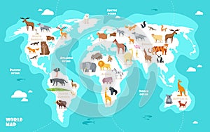 World map with animals. Earth discovery funny kids geography vector illustration