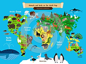 World Map Animals. Europe and Asia, South and North America, Australia and Africa Animals map vector illustration