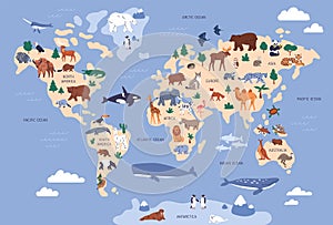 World map with animals in water and on earth. Geography and fauna of planet. Wildlife, nature for kids.Continents