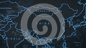 World map animation. Close up of China borders.