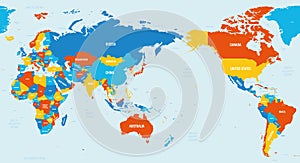 World map - Asia, Australia and Pacific Ocean centered. 4 bright color scheme. High detailed political map of World with