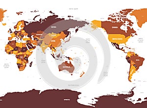 World map - Asia, Australia and Pacific Ocean centered. Brown orange hue colored on dark background. High detailed
