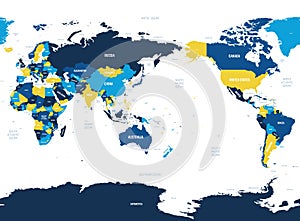 World map - Asia, Australia and Pacific Ocean centered. Brown orange hue colored on dark background. High detailed