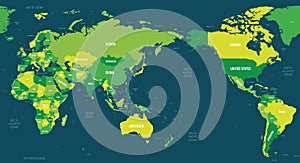 World map - Asia, Australia and Pacific Ocean centered. Green hue colored on dark background. High detailed political