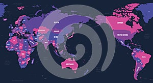 World map - Asia, Australia and Pacific Ocean centered. High detailed political map of World with country, capital