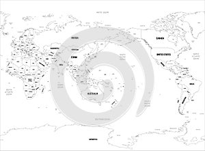 World map - Asia, Australia and Pacific Ocean centered. High detailed political map of World with country, capital