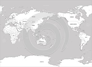 World map - Asia, Australia and Pacific Ocean centered. White lands and grey water. High detailed political map of World