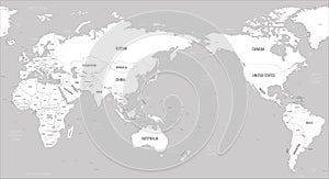 World map - Asia, Australia and Pacific Ocean centered. White lands and grey water. High detailed political map of World