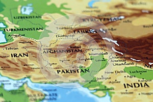 world map of asian continent, india, iran, pakistan, afghanistan, tehran, kabul, islamabad countries in close up