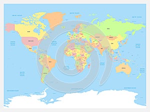 World map atlas. Colored political map with blue seas and oceans. Vector illustration