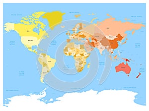 World map atlas. Colored political map with blue seas and oceans. Vector illustration