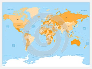 World map atlas. Colored political map with blue seas and oceans. Vector illustration