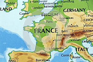 world map or atlas with european countries, france germany belgium and italy in focus