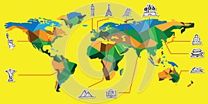 World map and attractive landmark cartoon