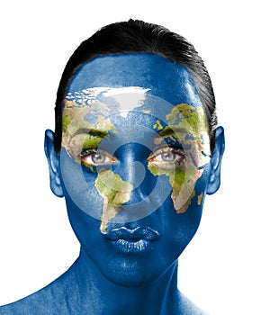 World map on beauty woman face