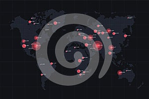 World map big data visualization. Abstract data on map. Global activity monitoring. Markers of clusters. Human activity data map